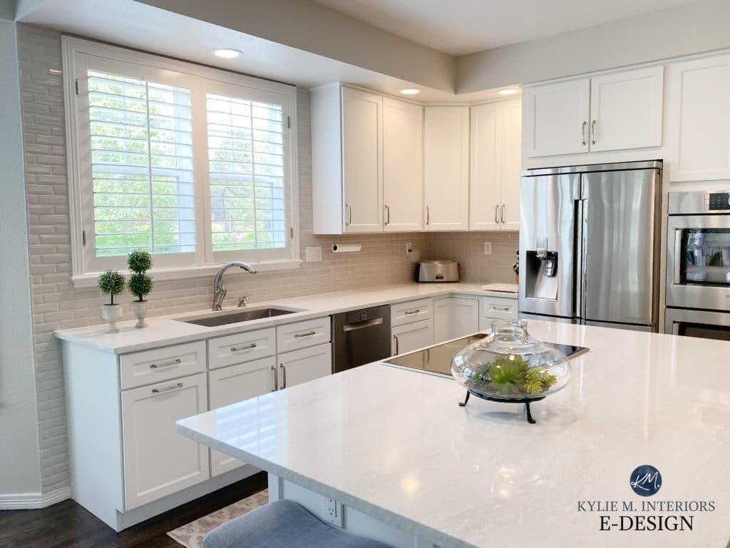 Kitchen cabinets and island painted Benjamin Moore White Dove, white quartz countertop, greige subway tile. Edgecomb Gray baby fawn walls. Kylie M Interiors Edesign, diy blogger