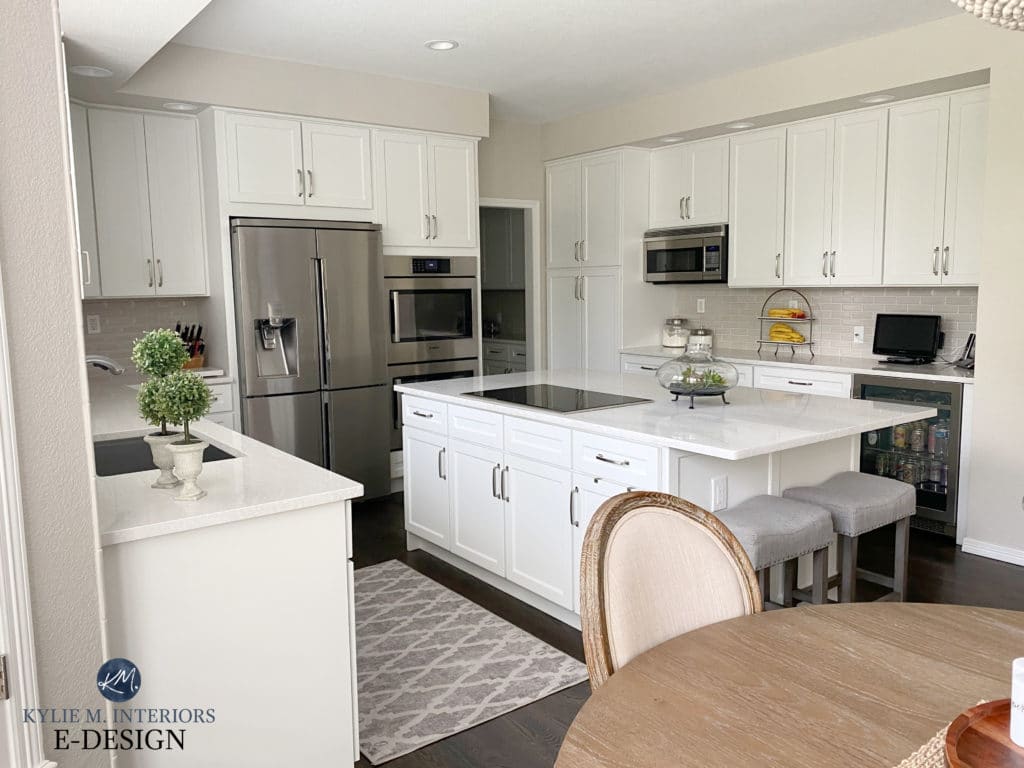 Kitchen cabinets and island, white quartz countertop. Benjamin Moore White Dove (baby Fawn), Edgecomb Gray, greige subway tile backsplash. Stainless, Kylie M Interiors Edesign, blogger