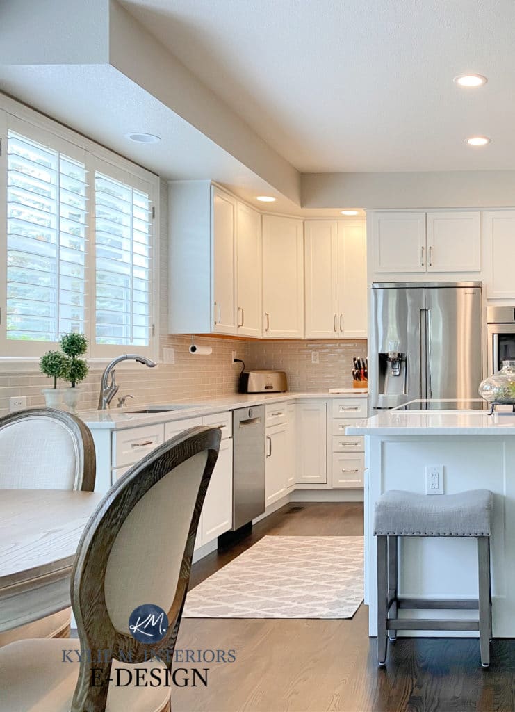 Kitchen cabinets painted Benjamin Moore White Dove, Baby Fawn, Edgecomb Gray. Kylie M Interiors Edesign, diy decor consultant online. Kitchen remodel