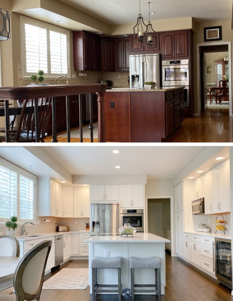 Kitchen cabinets painted Benjamin Moore White Dove, Edgecomb Gray, white quartz. Kylie M Interiors Edesign, diy blogger