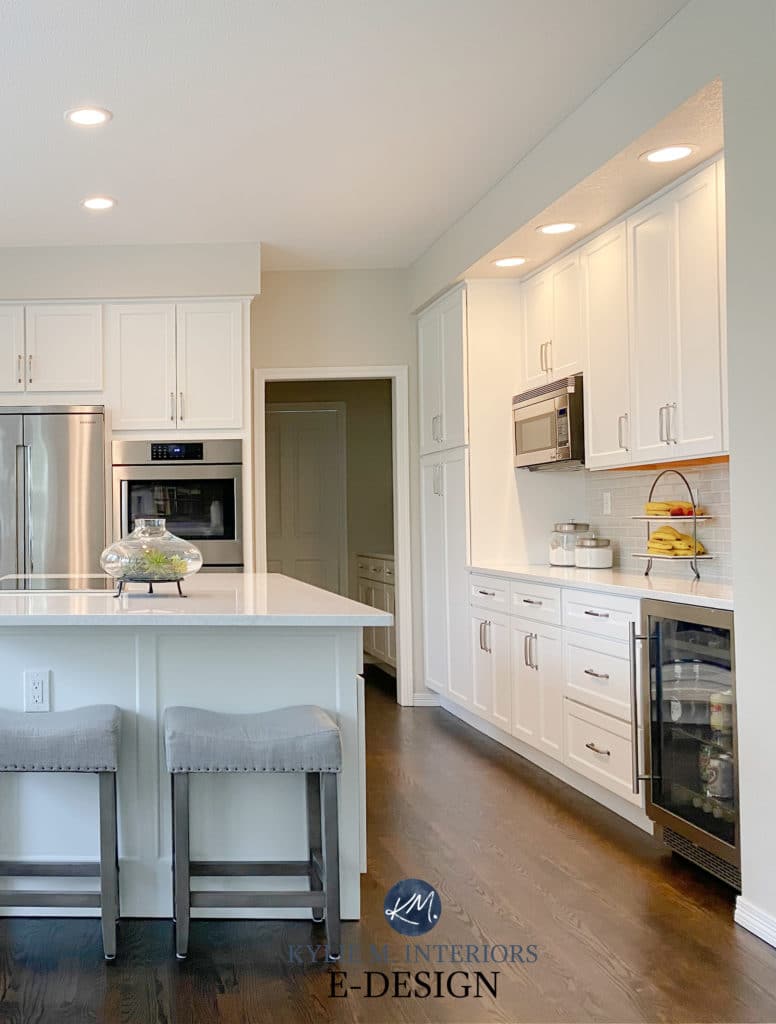Kitchen cabinets painted Benjamin Moore White Dove, walls Edgecomb Gray (Baby Fawn), dark oak wood flooring, island. Kylie M Interiors Edesign, diy