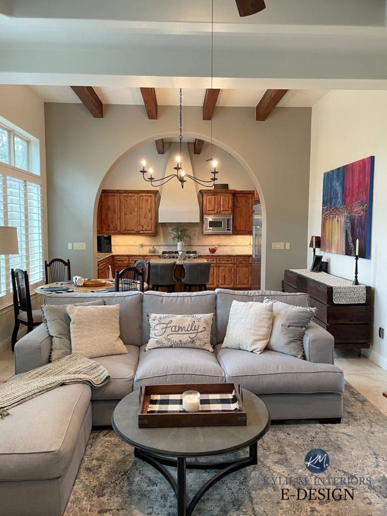 Kitchen with wood cabinets, wood beams, Sherwin Williams White Duck, feature similar to Mindful Gray in living and dining. Kylie M Edesign. Diy blogger