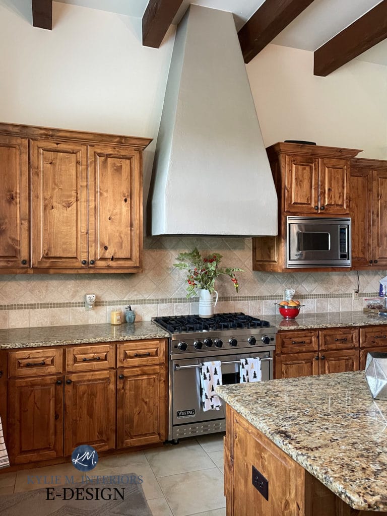 Kitchen wood cabinets, granite countertop, travertine tile backsplash. Sherwin White Duck walls. Kylie M Interiors Edesign, diy blogger and consultant