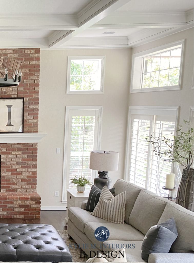 LIving or family room, Benjamin Moore Edgecomb Gray and pink red brick fireplace. Windows and White Dove trim. Home decor transitional style. Kylie M Interiors Edesign, diy update idea