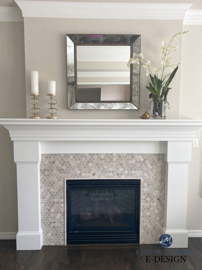 Living room fireplace, travertine tile suround, white painted mantel, Edgecomb Gray, White Dove, dark wood floor and home decor. Kylie M Interiors Edesign, DIY consultant