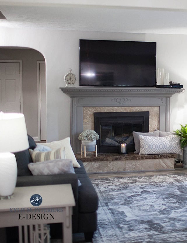 Painted fireplace, beige tile, Repose Gray, Dovetail. Kylie M Interiors Edesign, diy decorating and design, client photo