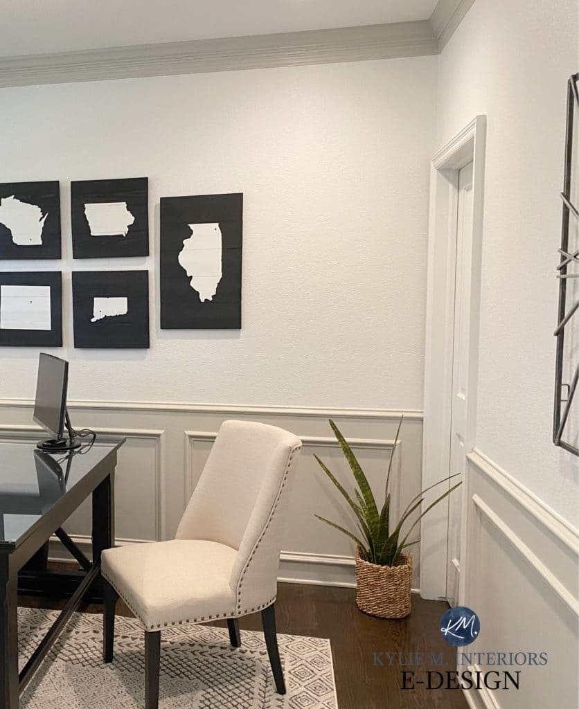 Painted wainscoting or panelling in warm gray or greige, Benjamin Moore Revere Pewter, White Dove. Edesign by Kylie M Interiors DIY decorating consultant