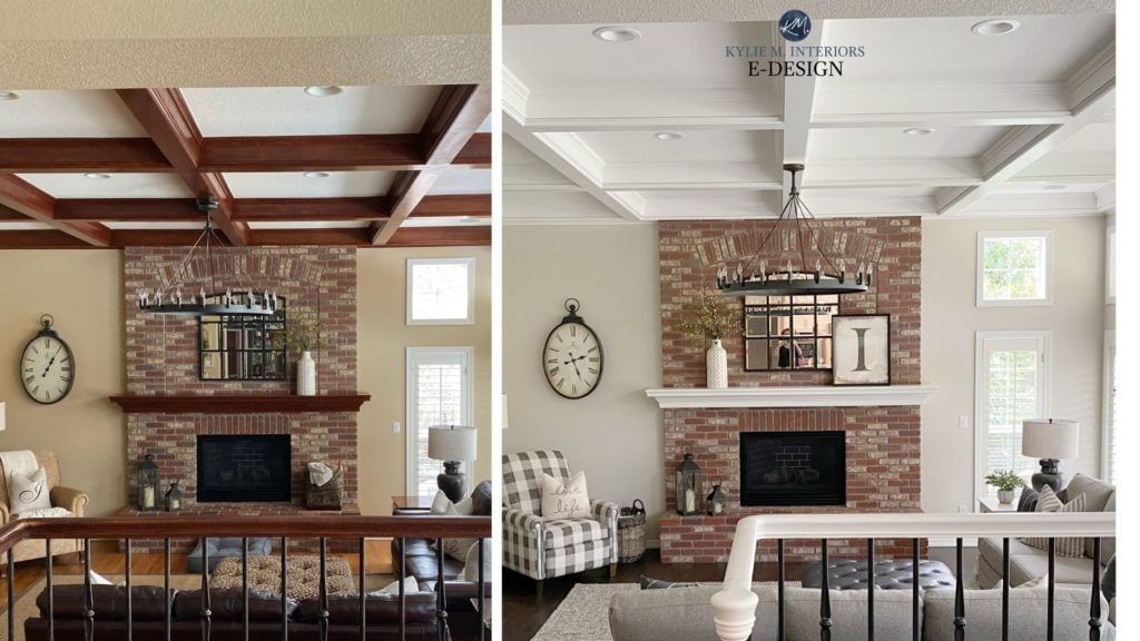 Pink brick fireplace makeover, Edgecomb Gray, home decor, modern farmhouse, Kylie M Interiors Edesign, diy decorating. Coffered ceilings, beams