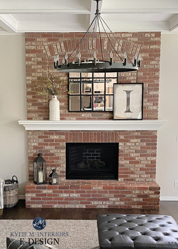 Pink or red brick fireplace, white mantel, chandelier, update ideas. Kylie M Interiors Edesign, diy blogger and online paint color consultant