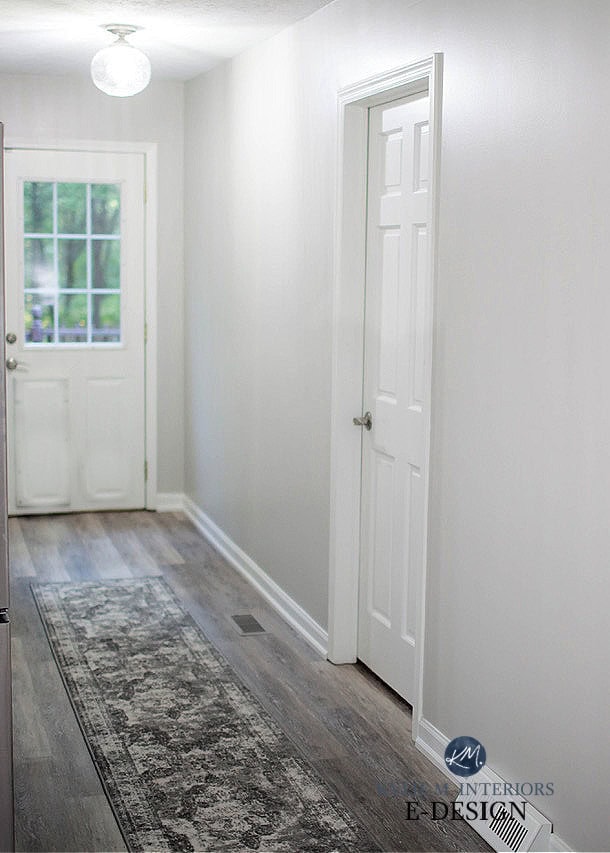 Repose Gray hallway with Pure White trim, Sherwin Williams, bright white light bulbs. Kylie M Interiors Edesign, diy blogger. Client photo