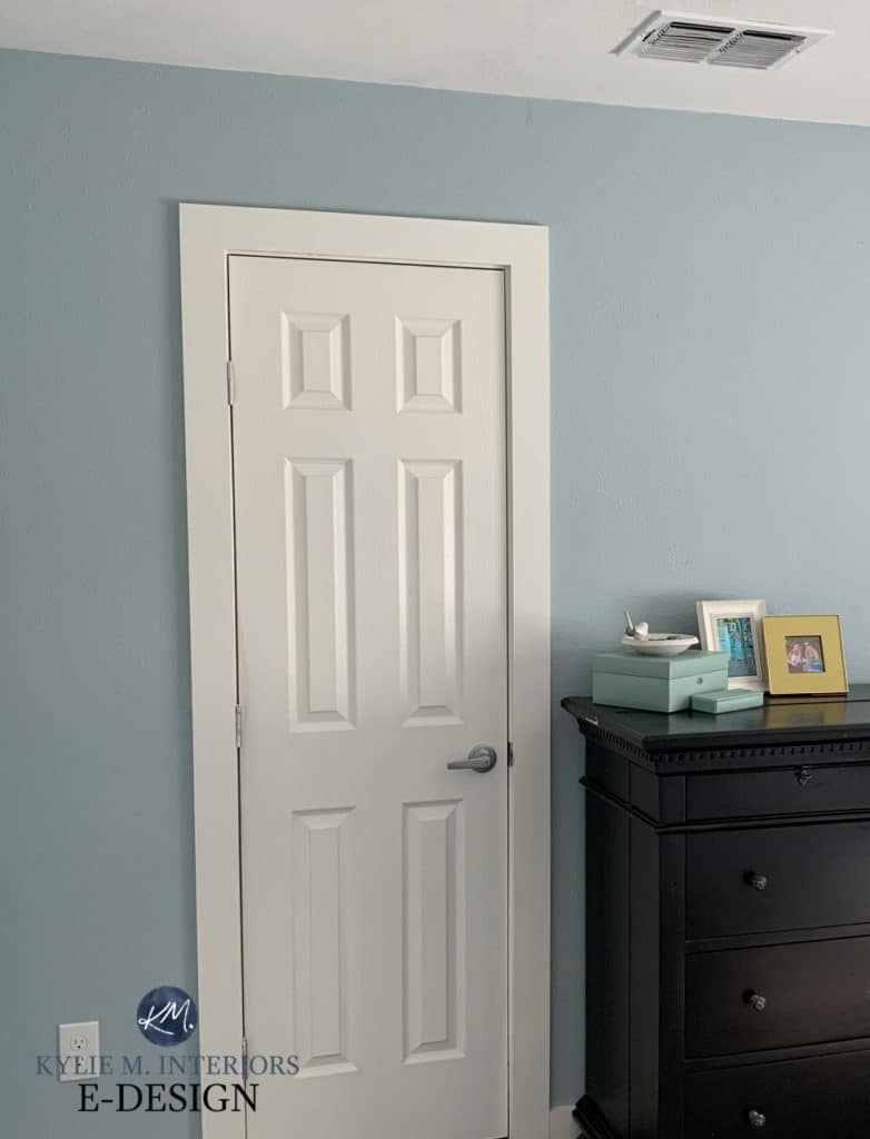 Sherwin Williams Niebla Azul with warm white trim. Beige carpet, Kylie M Interiors Edesign, diy design ideas and advice. Consulting blog