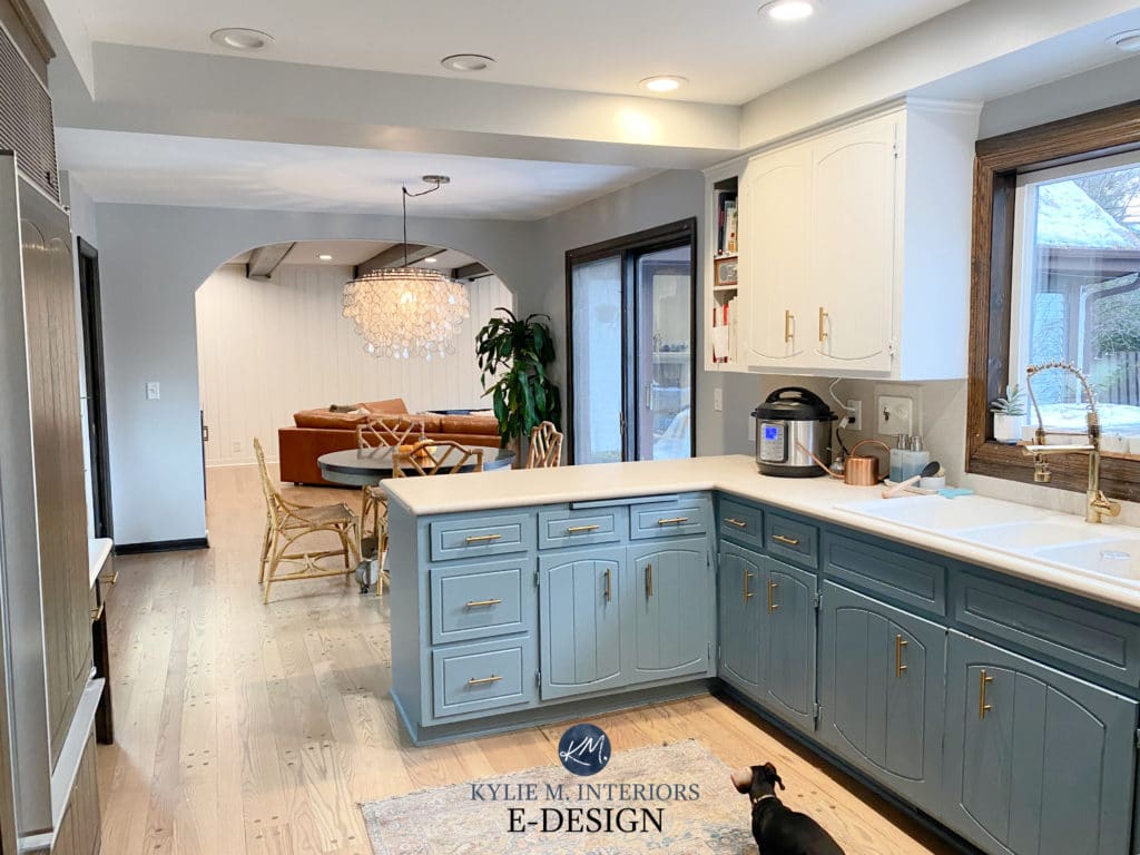 Sherwin Williams Repose Gray, Whirlpool, Extra White. Painted wood cabinets, vintage. Kylie M Interiors Edesign, diy blogger, client photo