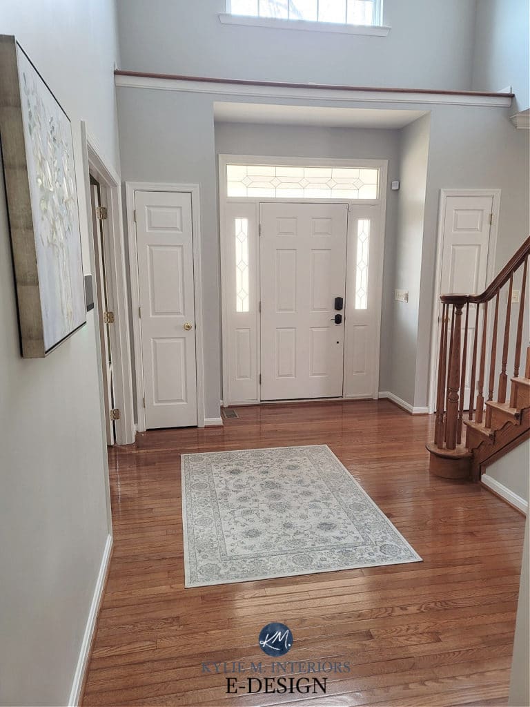 Sherwin Williams Repose Gray with warm orange oak flooring, railings. White trim. Kylie M Interiors Edesign, diy and online paint color consultant