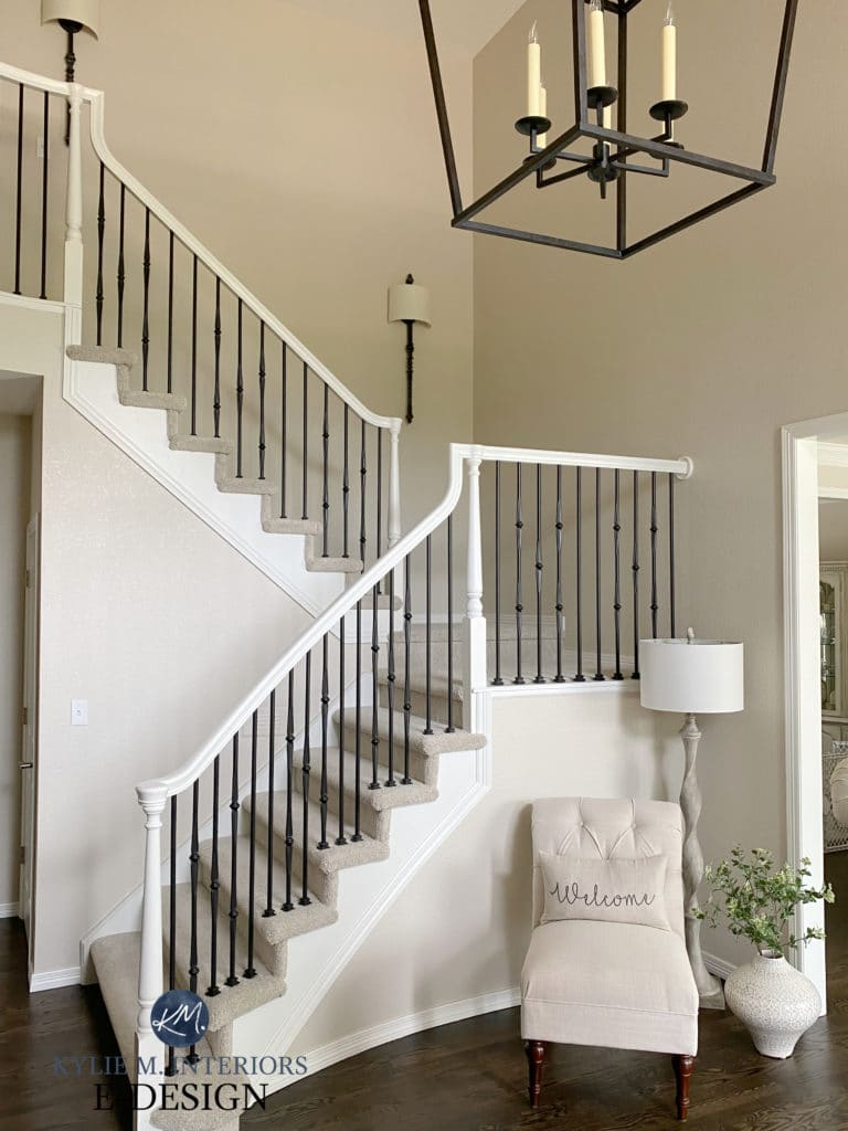 Staircase, painted wood hand railing, painted metal spindles, beige or tan carpet and greige walls. Kylie M Interiors Edesign. diy update ideas for the home. Dark wood floor