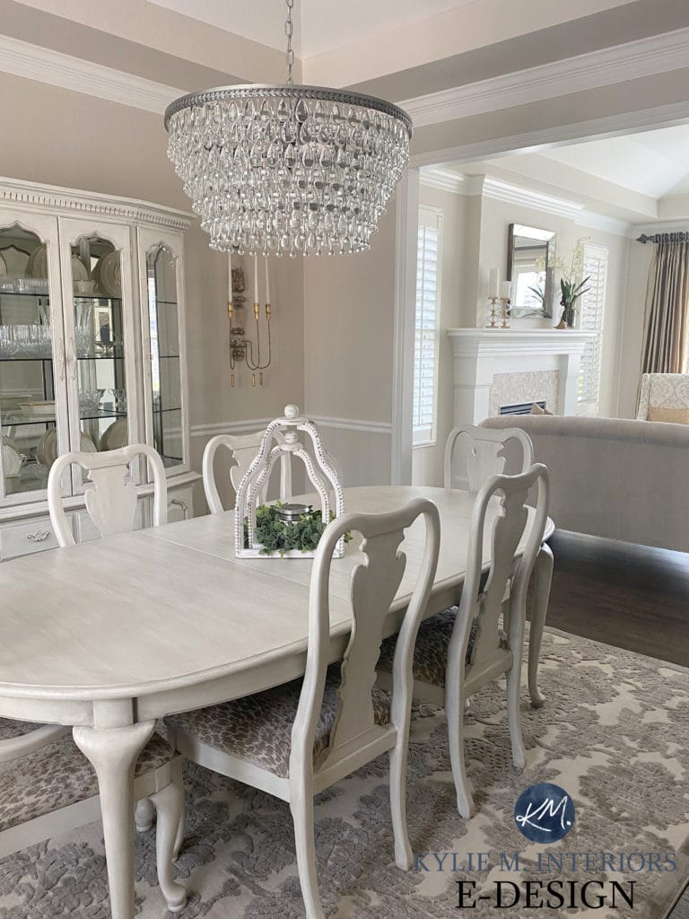 Traditional dining room, light white wash furniture. Benjamin Moore Edgecomb Gray, greige walls. Kylie M Interiors Edesign, diy blogger. Formal style