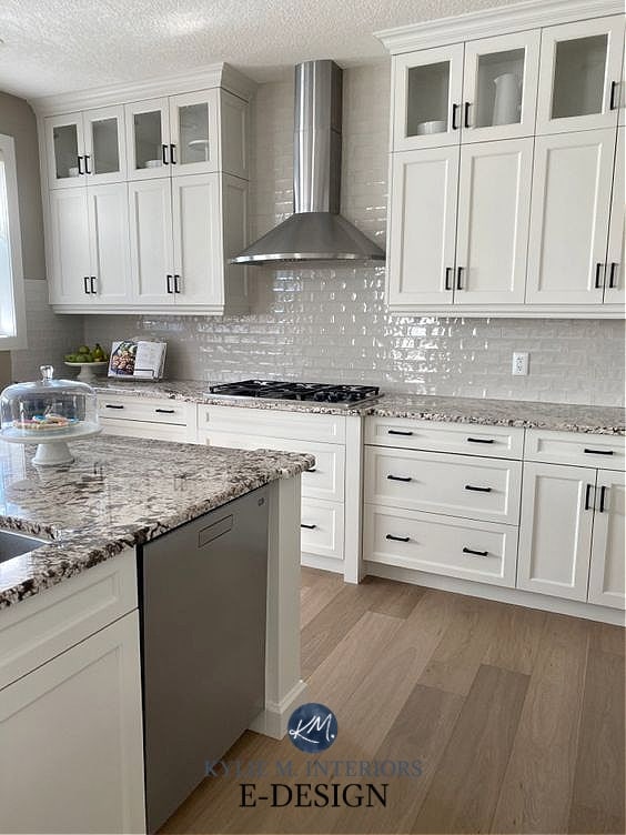 Dark maple red cabinets painted warm neutral gray paint colour, Benjamin Moore Classic Gray. Granite countertop. Kylie M Interiors Edesign, diy blogger
