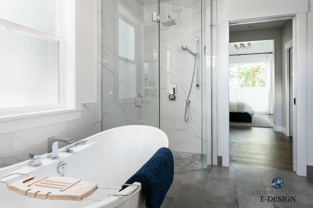 Ensuite bathroom, marble look porcelain tile, Sherwin Williams High Reflective White. Kylie M Online Paint Colour consultant