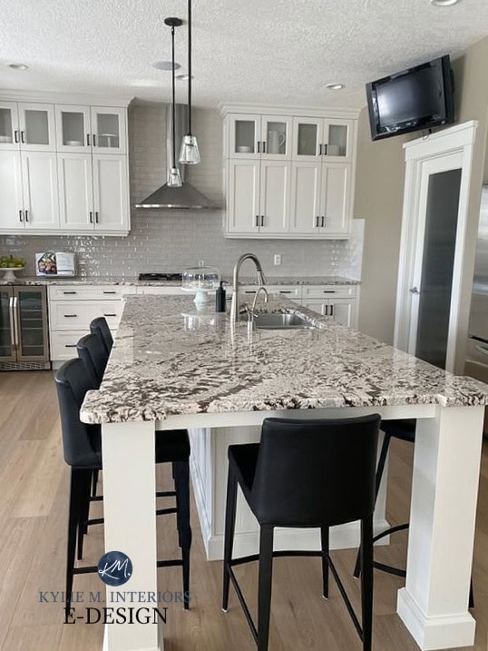 Granite countertop, island, greige subway tile backsplash. Benjamin MOore Classic Gray painted wood maple cabinets. Kylie M Interiors Edesign, diy blogger, online paint consultant