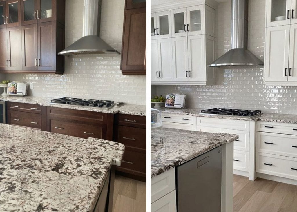 Kitchen, granite countertops, painted maple wood cabinets, Benjamin Moore Classic Gray, subway tile. Kylie M Interiors Online paint color consulting, diy