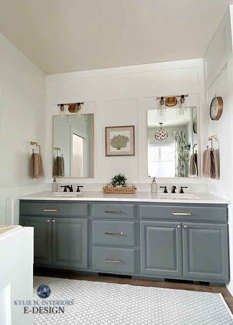 Bathroom wood vanity painted Sherwin Williams Grizzle Gray, wall paint colour Aesthetic White. Bathroom update ideas
