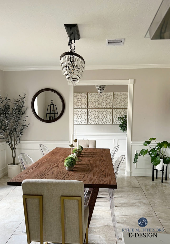 Benjamin Moore Collingwood warm gray paint colour in dining room with Pure White wainscoting, beige tile floor and transitional style home decor.