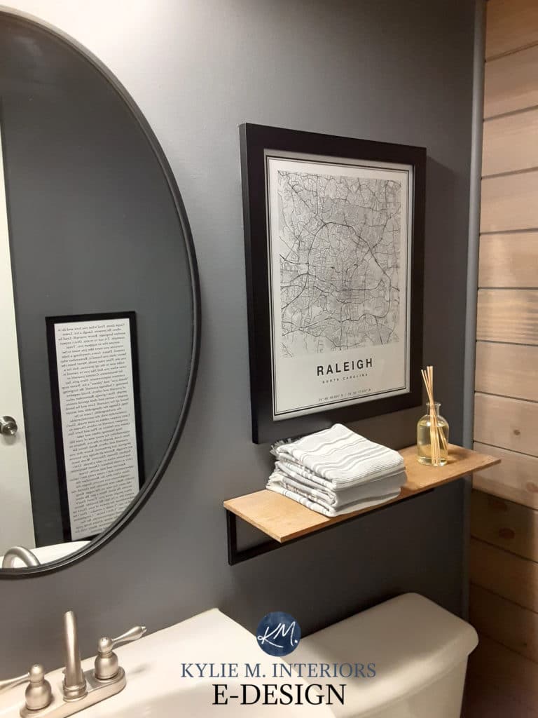 Benjamin Moore Trout Gray small powder room, rustic wood feature wall, shiplap in gray wash stain. Kylie M Interiors Edesign, diy online paint color consultant