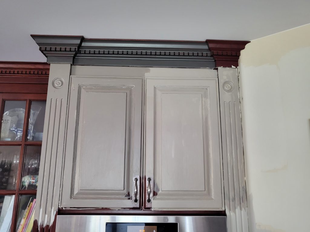 Comparing Spalding Gray and Sherwin Chatura Gray on painted cabinets, samples.
