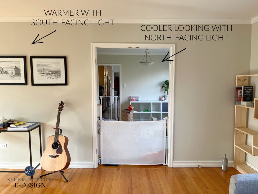 How a room's exposure affects paint colours - north, east, south west. Shown here Benjamin Moore Tapestry Beige. Diy paint colour ideas and how tos by Kylie M.