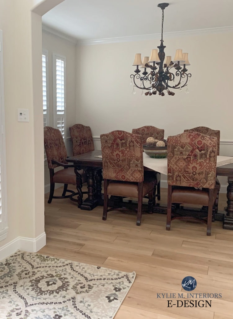 Sherwin Williams Steamed Milk warm white off white cream paint colour in traditional formal dining room.