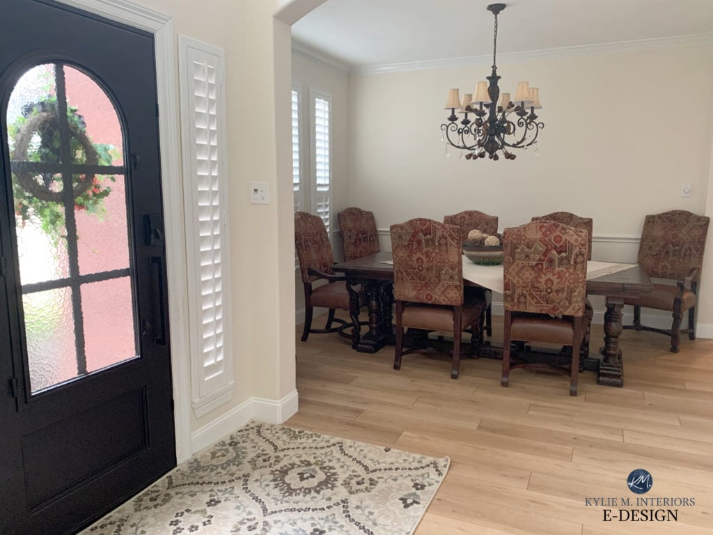 formal traditional dining room, wood floor, Sherwin Williams best warm cream off white paint colour, Steamed Milk. Kylie M Interiors Client photo