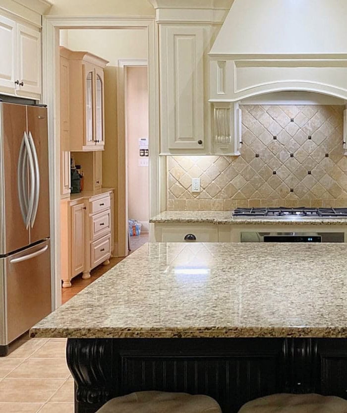 kitchen before with travertine