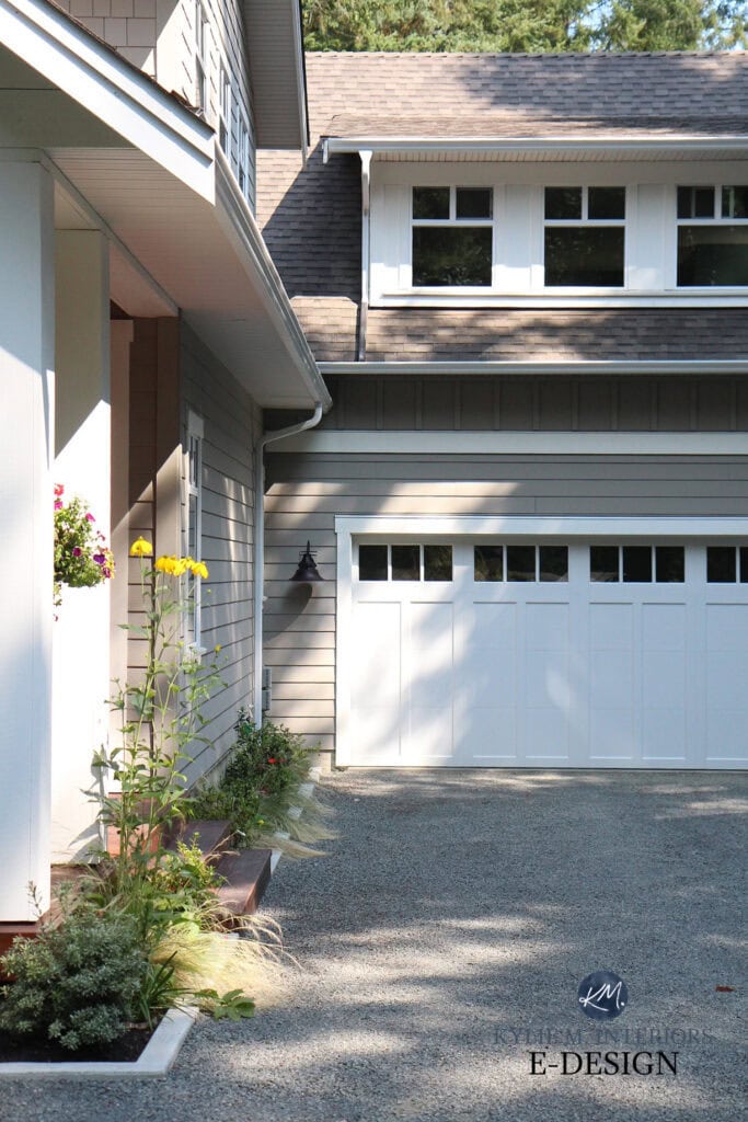 Benjamin Moore Rockport Gray, exterior siding paint color, Cloud White trim with white windows, best greige beige taupe