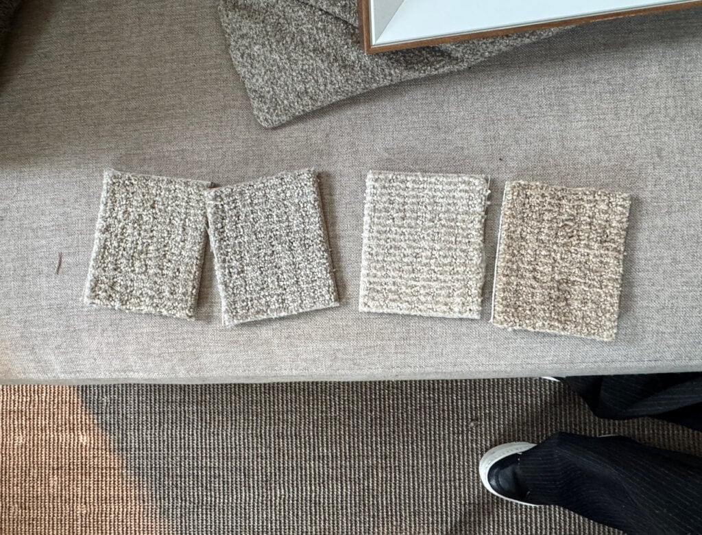 coordinating carpet colors and undertones with fabric sofa, countertop, wood floor, and paint colors (1)