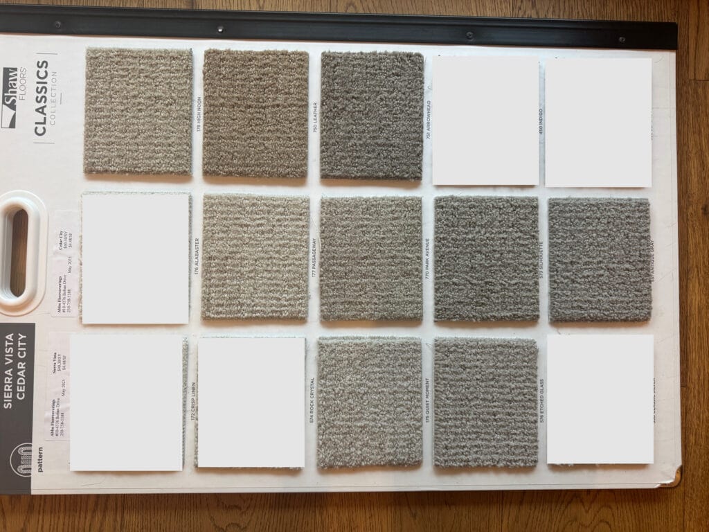 shaw carpet, how to pick the right color of carpet and undertones - too light samples