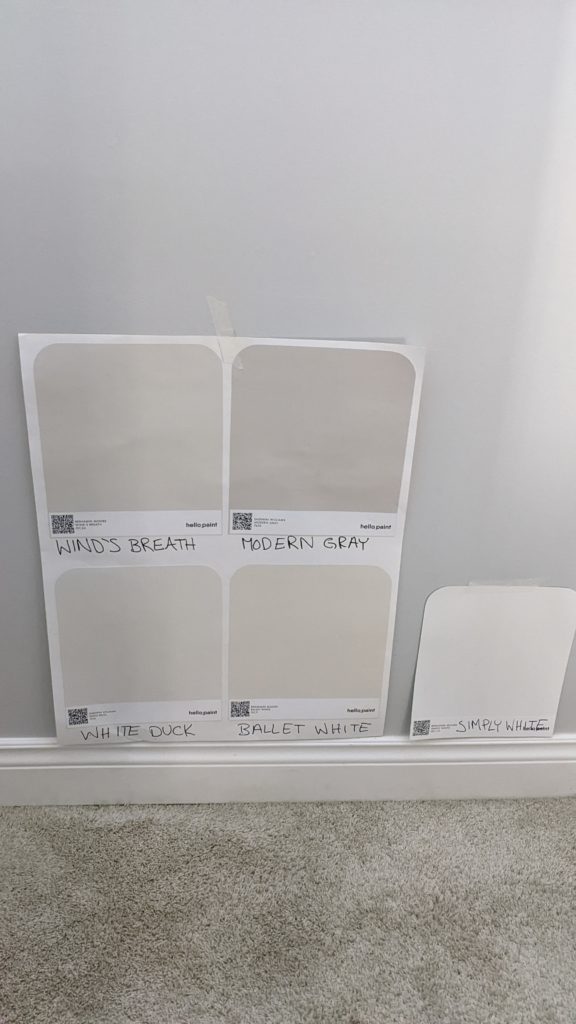 Benjamin Moore Winds Breath, Ballet White, Sherwin Williams Modern Gray and White Duck, comparing popular warm off white paint colours. SAMPLIZE and Kylie M.