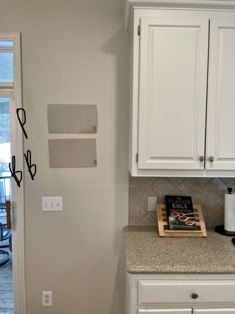 Comparing Benjamin Moore Pashmina which suits the countertop and Sherwin Williams Balanced Beige which suits the backsplash.