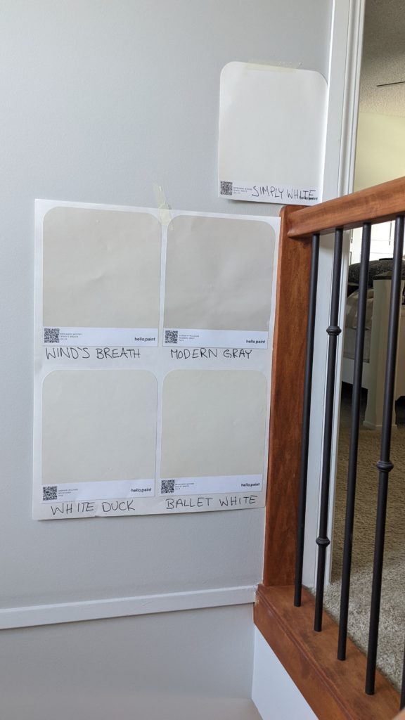 Comparing warm off-white paint colours from Sherwin Williams and Benjamin Moore, Samplize. Winds Breath, Modern Gray, White Duck and Ballet White. Kylie M.