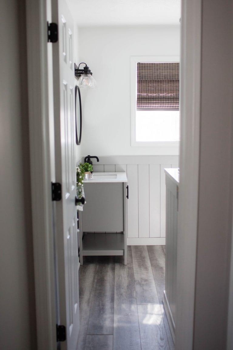 Sherwin Williams Light French Gray, Pure White, wainscoting, beadboard in small bathroom. Kylie M INteriors Edesign, client photos.