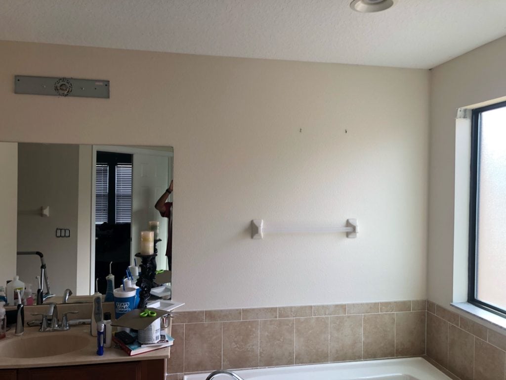 Sherwin Williams Moderate White with beige tile in bathroom. Kylie M Interiors Edesign