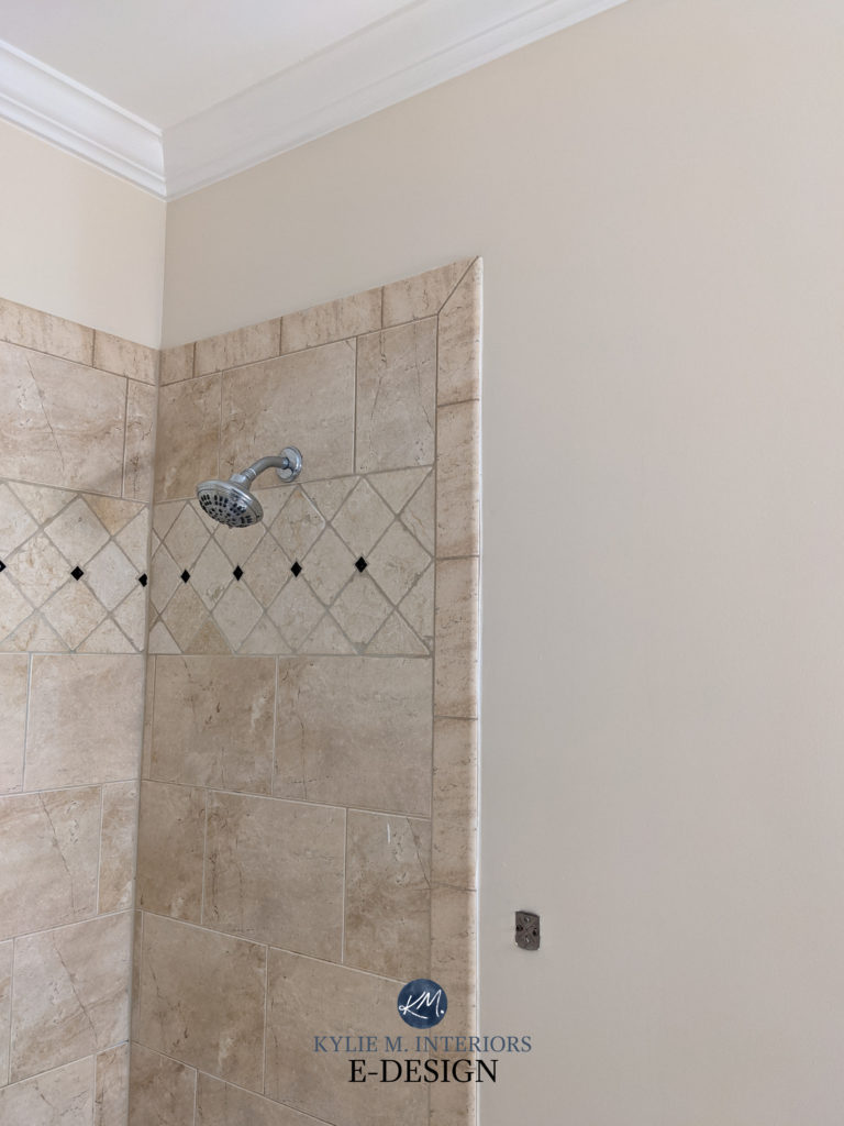 Beige tile with warm beige paint colour on the walls, off-white by Sherwin Williams. Kylie M Interiors Edesign, diy decorating and update ideas