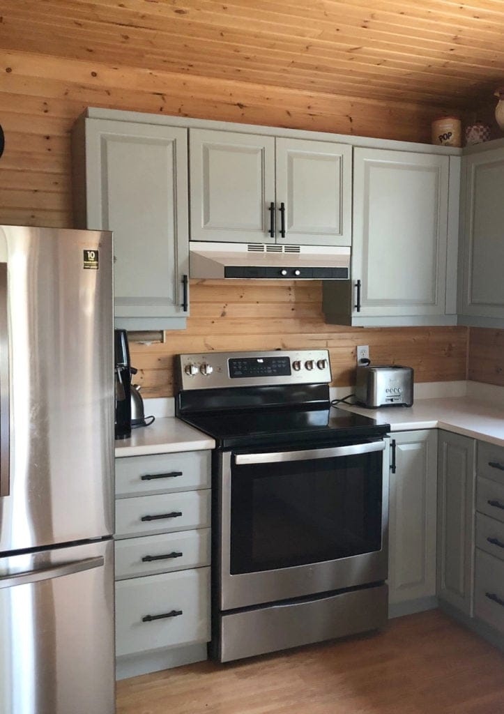 Benjamin Moore Boothbay Gray, blue, green, gray painted cabinets, white countertop, log cabin, wood walls. Kylie M INteriors CLIENT PHOTO