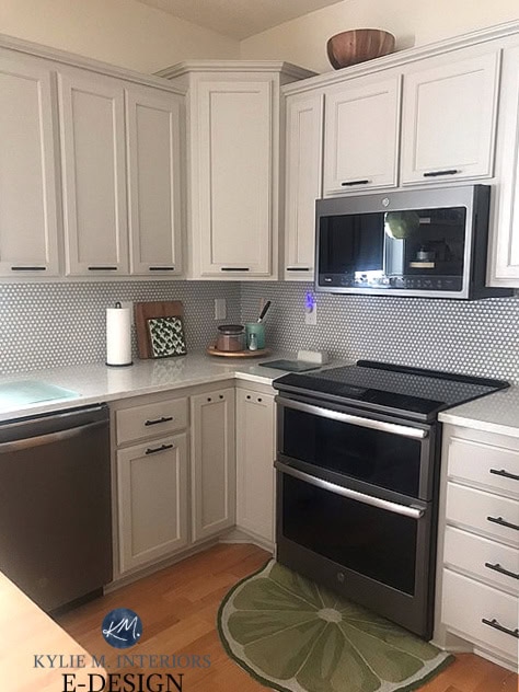 Benjamin Moore Revere Pewter 25 percent darkened, Pulsar Silestone countertops, penny tile. Kylie M Interiors Edesign