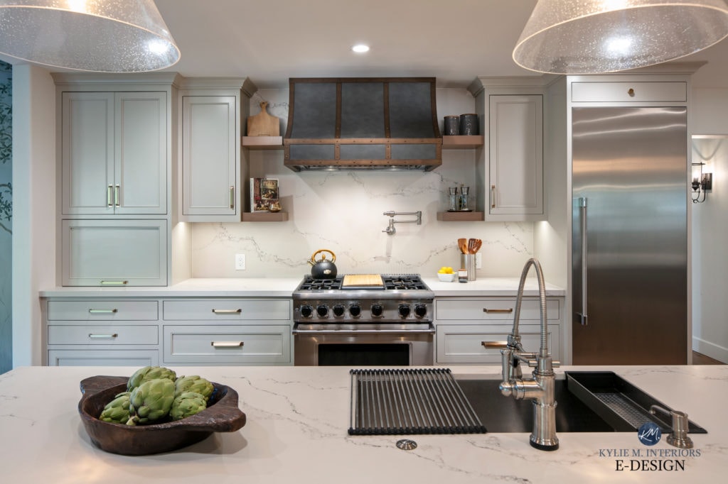 Caesarstone Statuario Nuvo white quartz kitchen countertop and backsplash, Benjamin Moore Revere Pewter painted cabinets, metal range hood. Kylie M Interiors Edesign, diy update ideas (1)