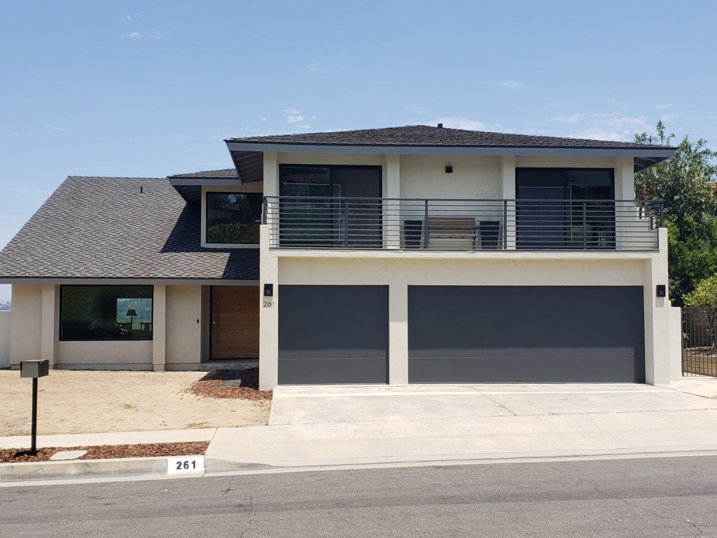Exterior, Benjamin Moore Edgecomb Gray, Wrought Iron remodel, garage doors dark. Kylie M Interiors Edesign, diy udpate ideas