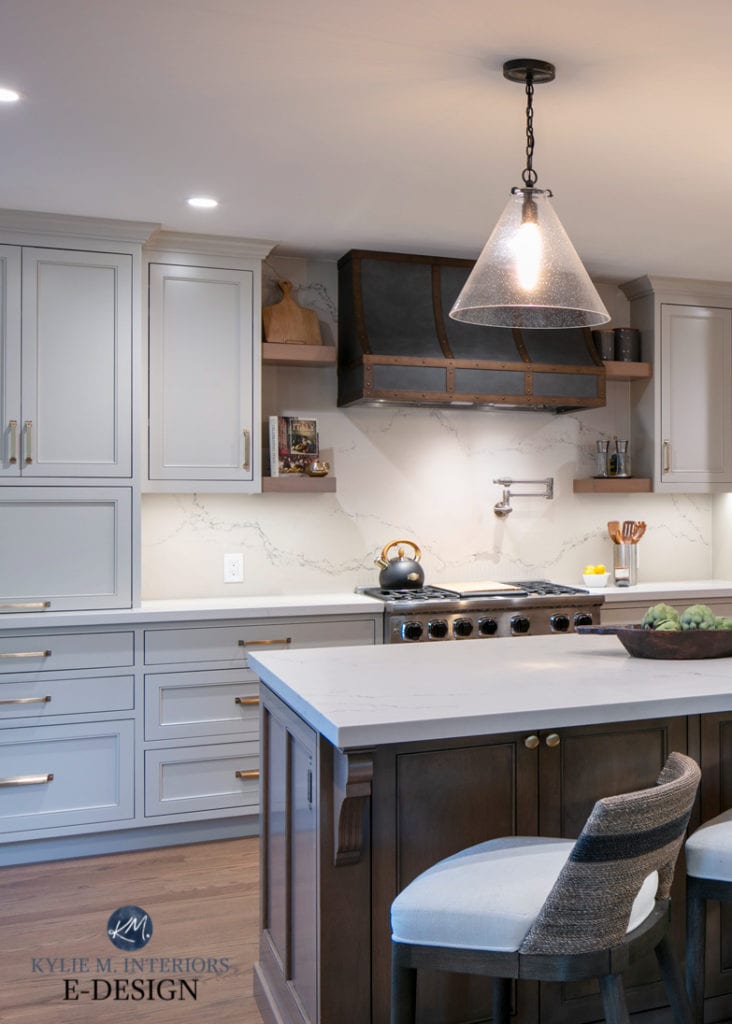 Kitchen with Benjamin Moore Revere Pewter cabinets, darkened. Wood island, quartz countertops, Caesarstone Statuario Nuvo. Wood floor. custom range hood. Kylie M Interiors Edesign, diy