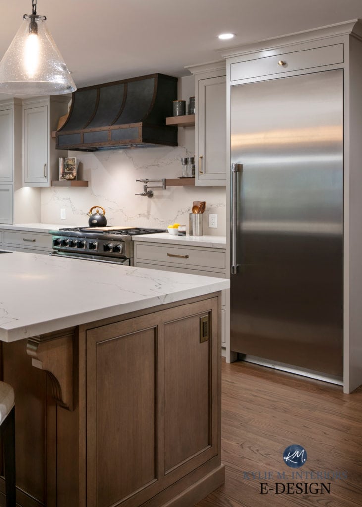 Kitchen with mural in eating nook. Benjamin Moore Revere Pewter on painted cabinets, warm gray, darkened, Caesarstone Statuario Nuvo white quartz countertop, wood island & floor. Kylie M Edesign
