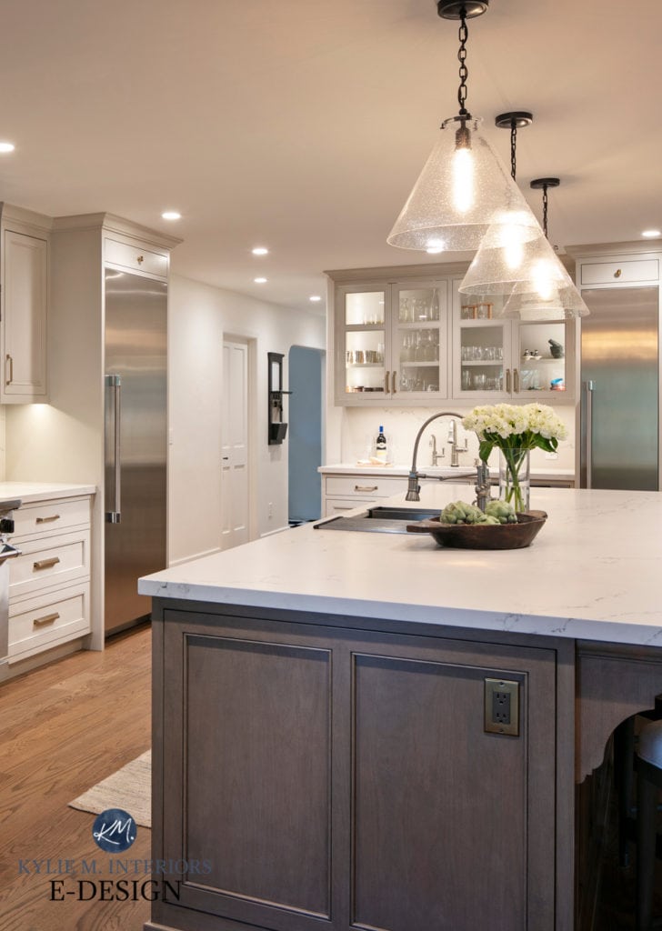 Kitchen with wood island, red oak wood floor, painted cabinets, Revere Pewter Benjamin Moore Caesarstone Statuario Nuvo quartz countertops. Stainless appliances. Kylie M Interiors Edesign