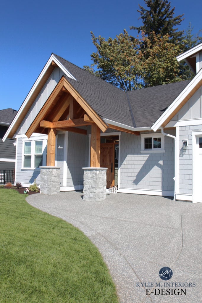 Light gray siding, James Hardie Light Mist, board and batten, shakes, white garage door, cedar wood soffits and beams, High Reflective White exterior trim. Kylie M Interiors Edesign, diy update ideas