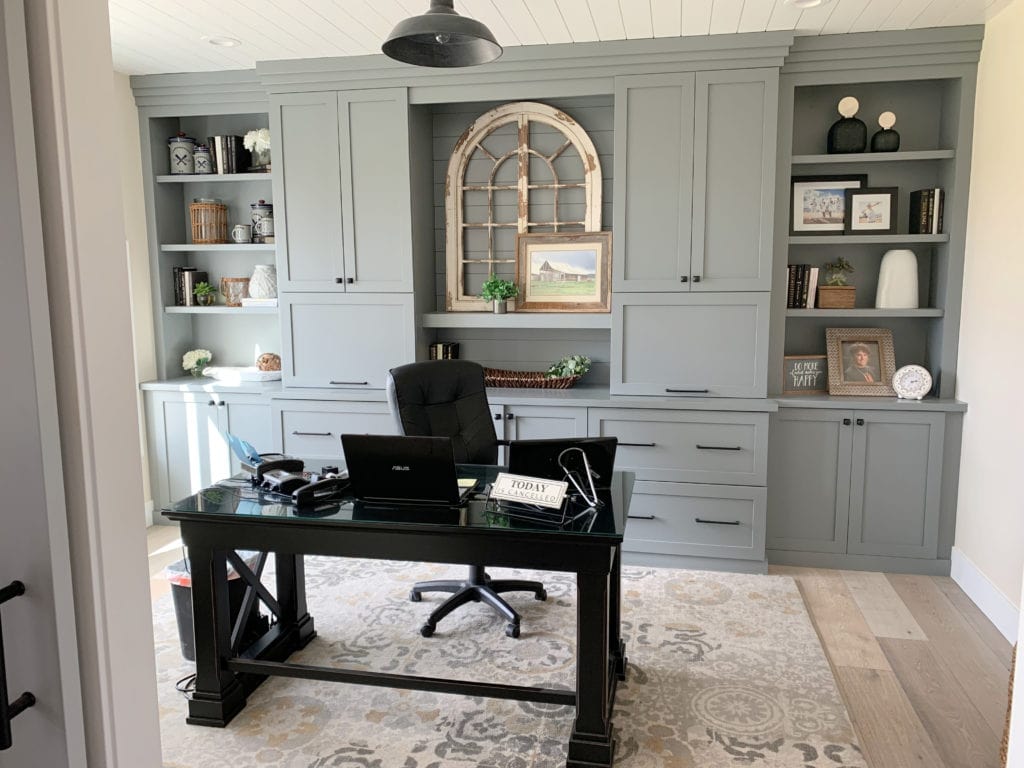Magnolia Teak Cups blue green gray painted built in office cabinets with whitewash wood floor. CLIENT PHOTO of Kylie M Interiors Edesign (1)
