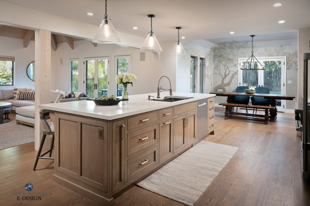 Oak wood floors in kitchen with wood island, red oak floor, Caesarstone Staturio Nuvo white quartz countertop, pendants, mural in eating nook,. White Dove walls. Kylie M Interiors E-Design